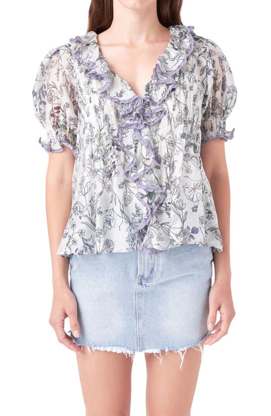 Shop English Factory Floral Print Ruffle Top In Ivory Multi