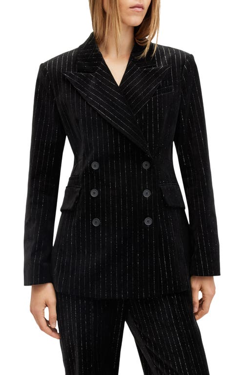 Shop Allsaints Sevenh Metallic Stripe Double Breasted Velvet Blazer In Black