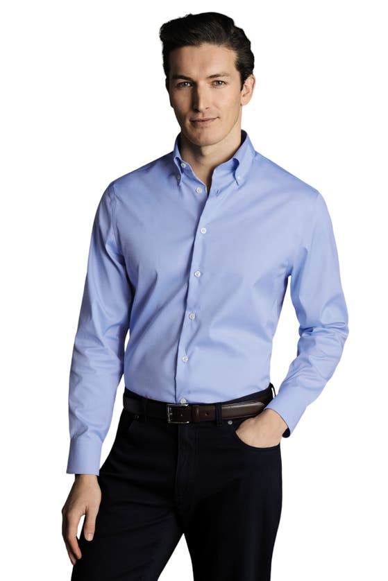 Shop Charles Tyrwhitt Non-iron Button-down Oxford Slim Fit Shirt Single Cuff In Sky Blue