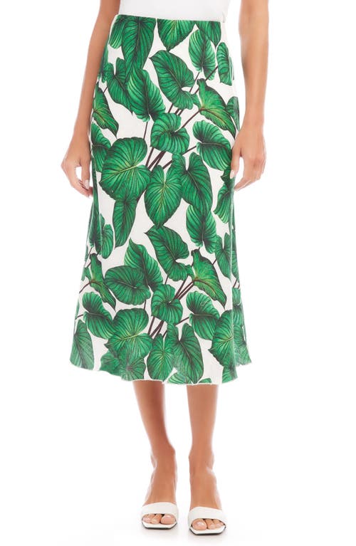 Palm Print Bias Cut Linen Midi Skirt in Green