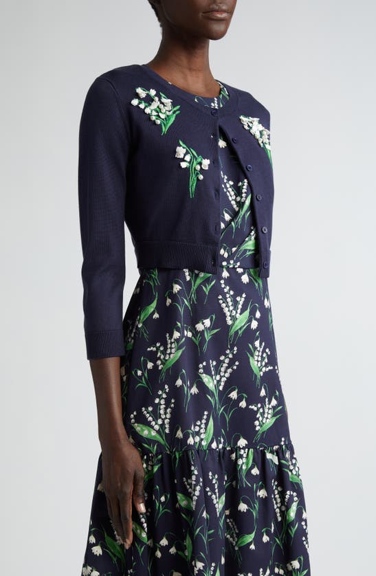 Shop Carolina Herrera Lily Of The Valley Embroidered Crop Cardigan In Midnight Multi