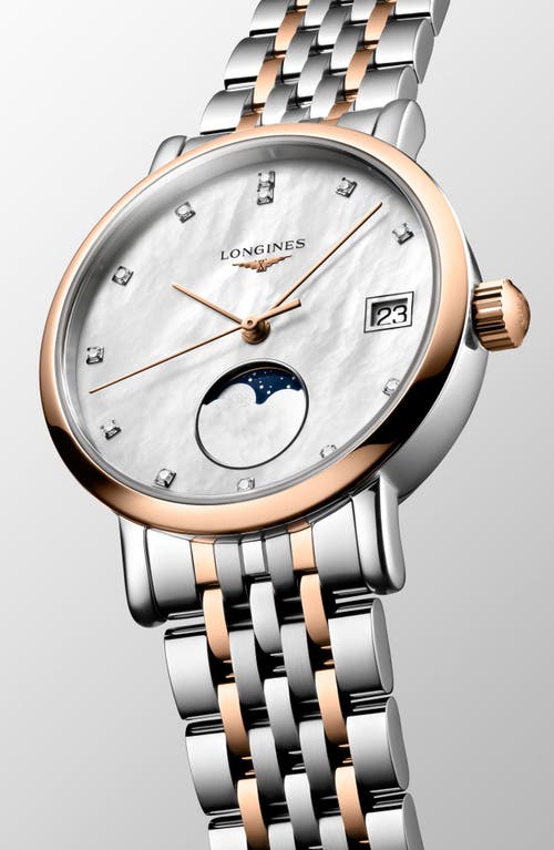 Shop Longines Elegant Collection Diamond Moonphase Bracelet Watch, 30mm In White Mother-of-pearl