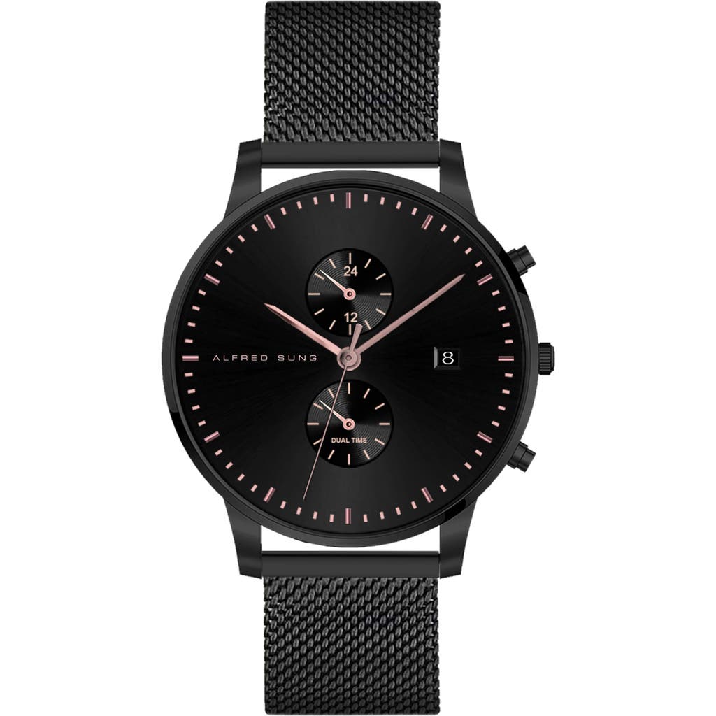 Alfred Sung Dual Time Mesh Strap Watch, 42mm In Black
