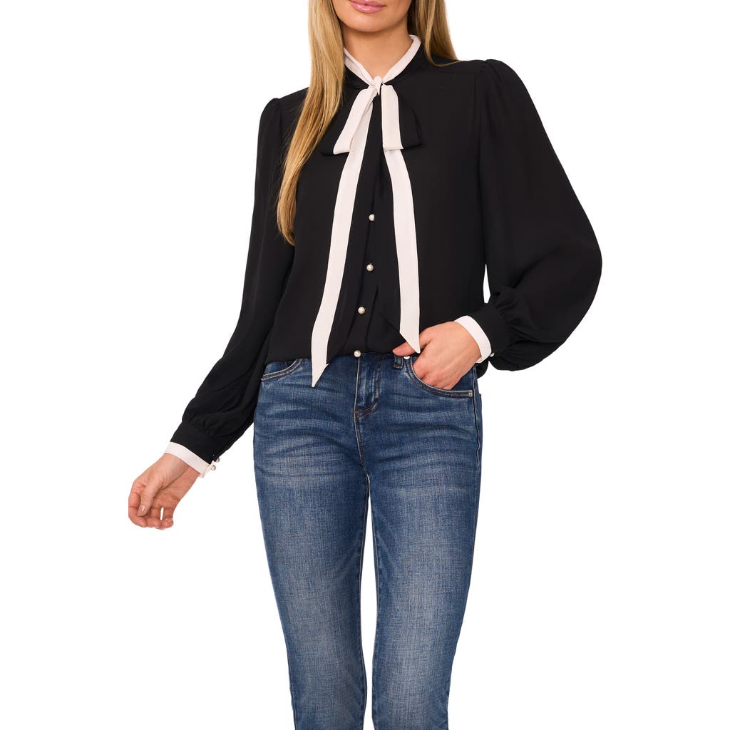 Cece Tie-neck Button-up Shirt In Rich Black