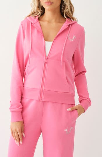 True Religion Brand Jeans Rhinestone Accent Graphic Zip-up Hoodie In Pink