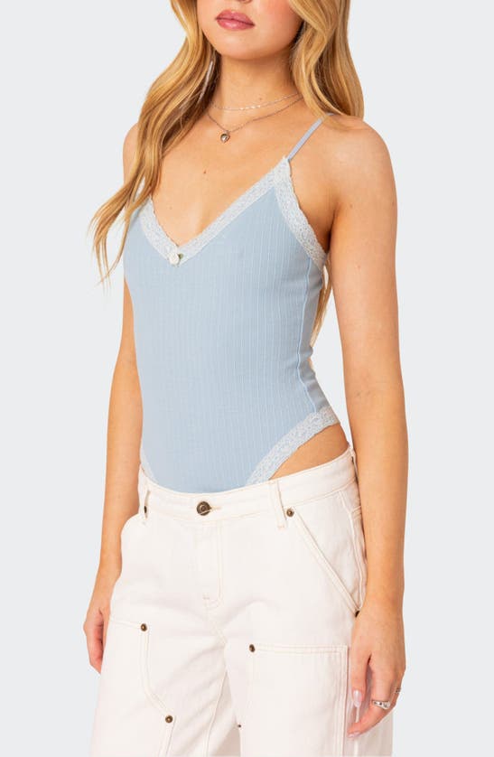 Shop Edikted Aurora Lace Trim Rib Bodysuit In Light-blue