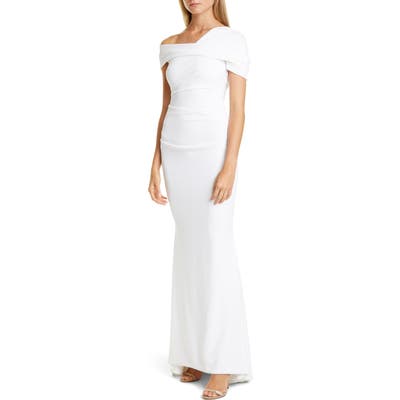 Talbot Runhof Asymmetrical Stretch Crepe Mermaid Gown, White