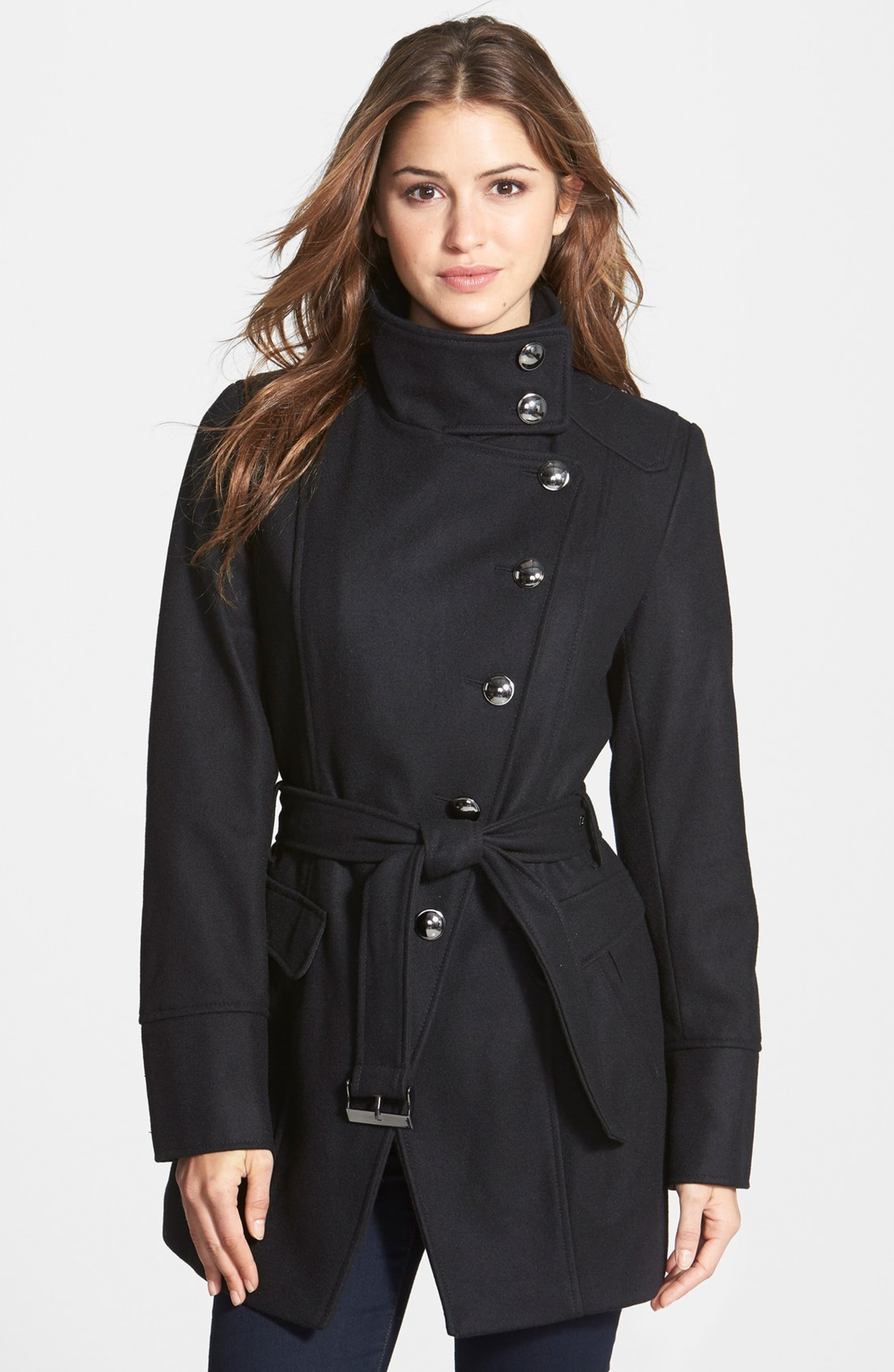 Kenneth Cole New York Belted Wool Blend Asymmetrical Military Coat ...