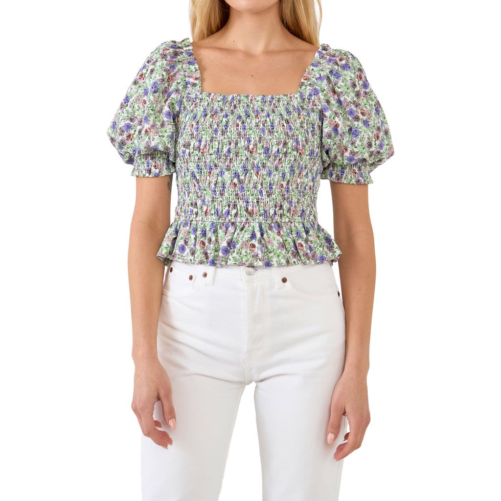 Endless Rose Floral Smocked Puff Sleeve Top In Ivory/purple
