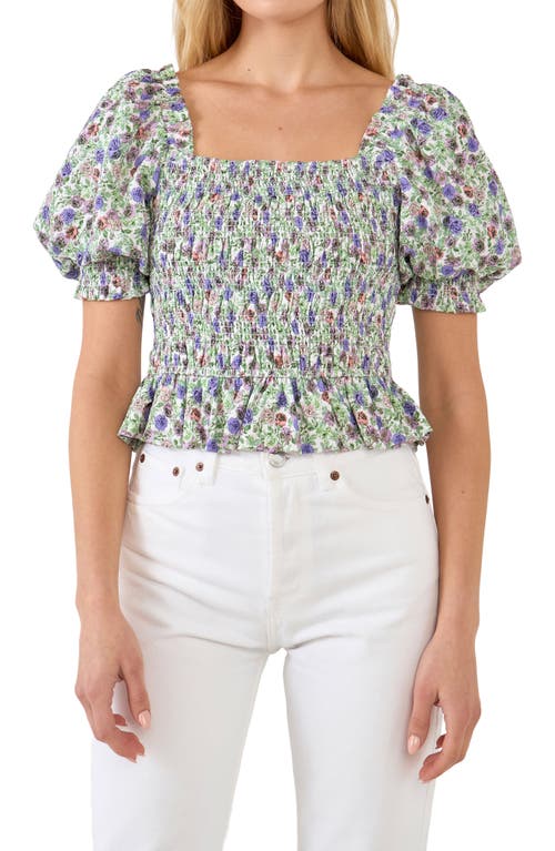 Floral Smocked Puff Sleeve Top in Ivory/Purple