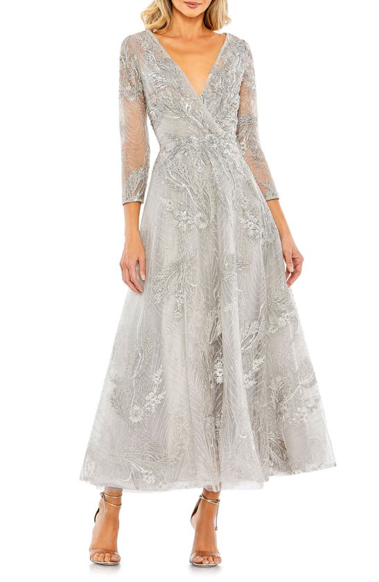Mac Duggal Embellished Faux Wrap A-line Cocktail Dress In Platinum
