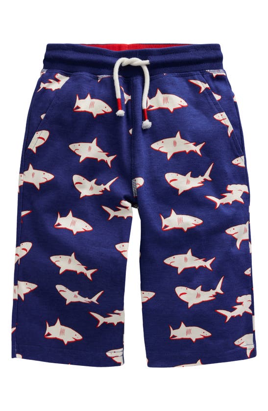 Shop Mini Boden Kids' Shark Print Cotton Jersey Shorts In Sapphire Blue Sharks