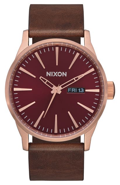 Nixon Sentry Leather Strap Watch, 42mm In Brown/ Burgundy/ Rose Gold