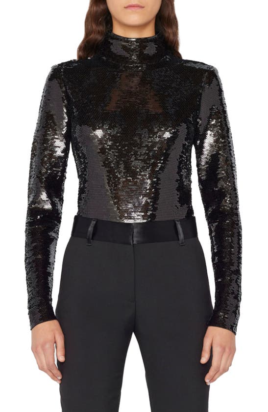 Frame Sequined Cotton And Modal-blend Jersey Turtleneck Top In Noir