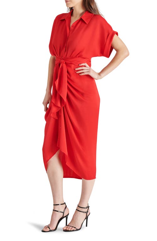 Shop Steve Madden Tori Tie Waist Satin Midi Shirtdress In Red