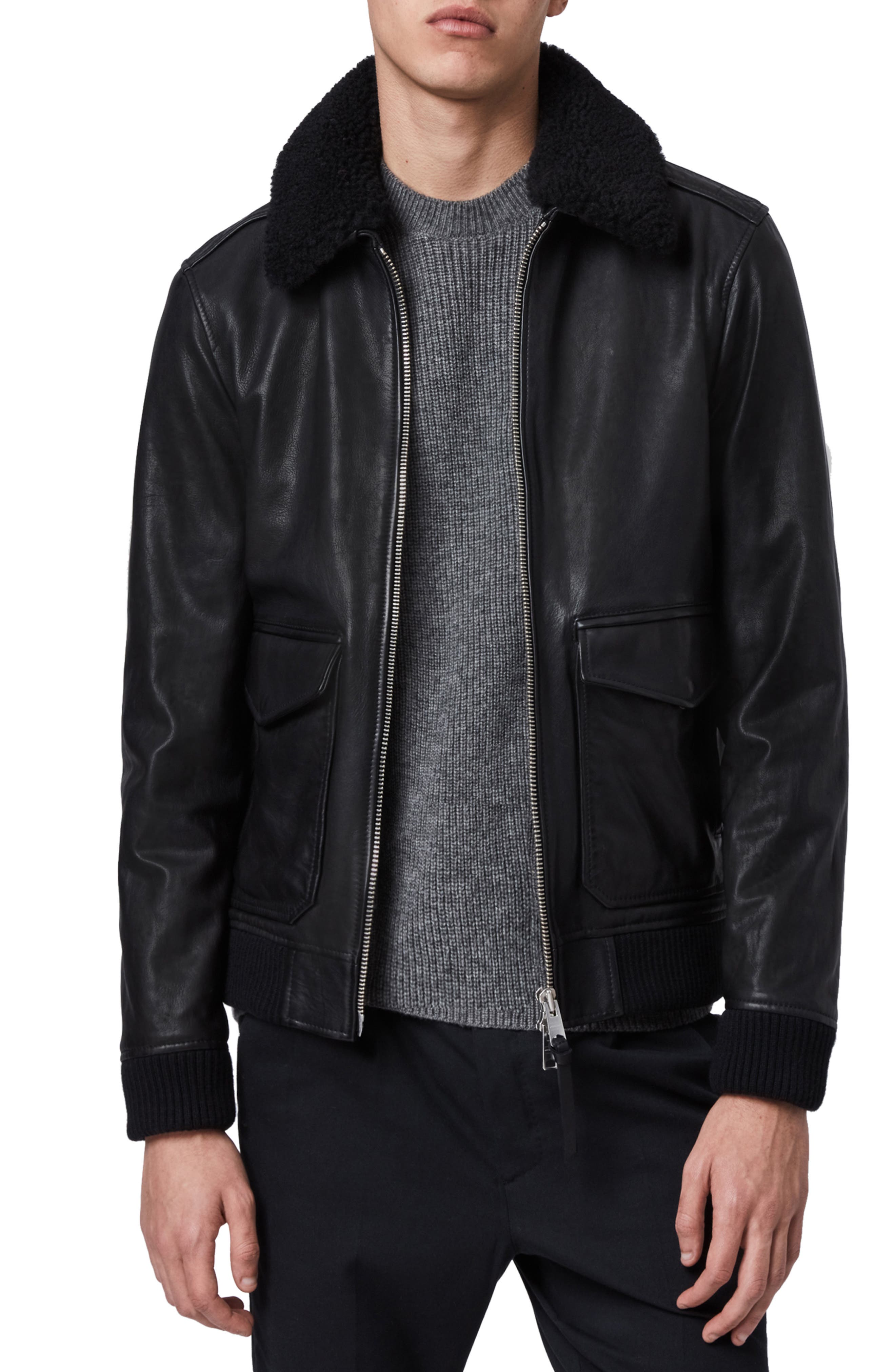 ALLSAINTS Phoenix Slim Fit Leather Aviator Jacket with Genuine