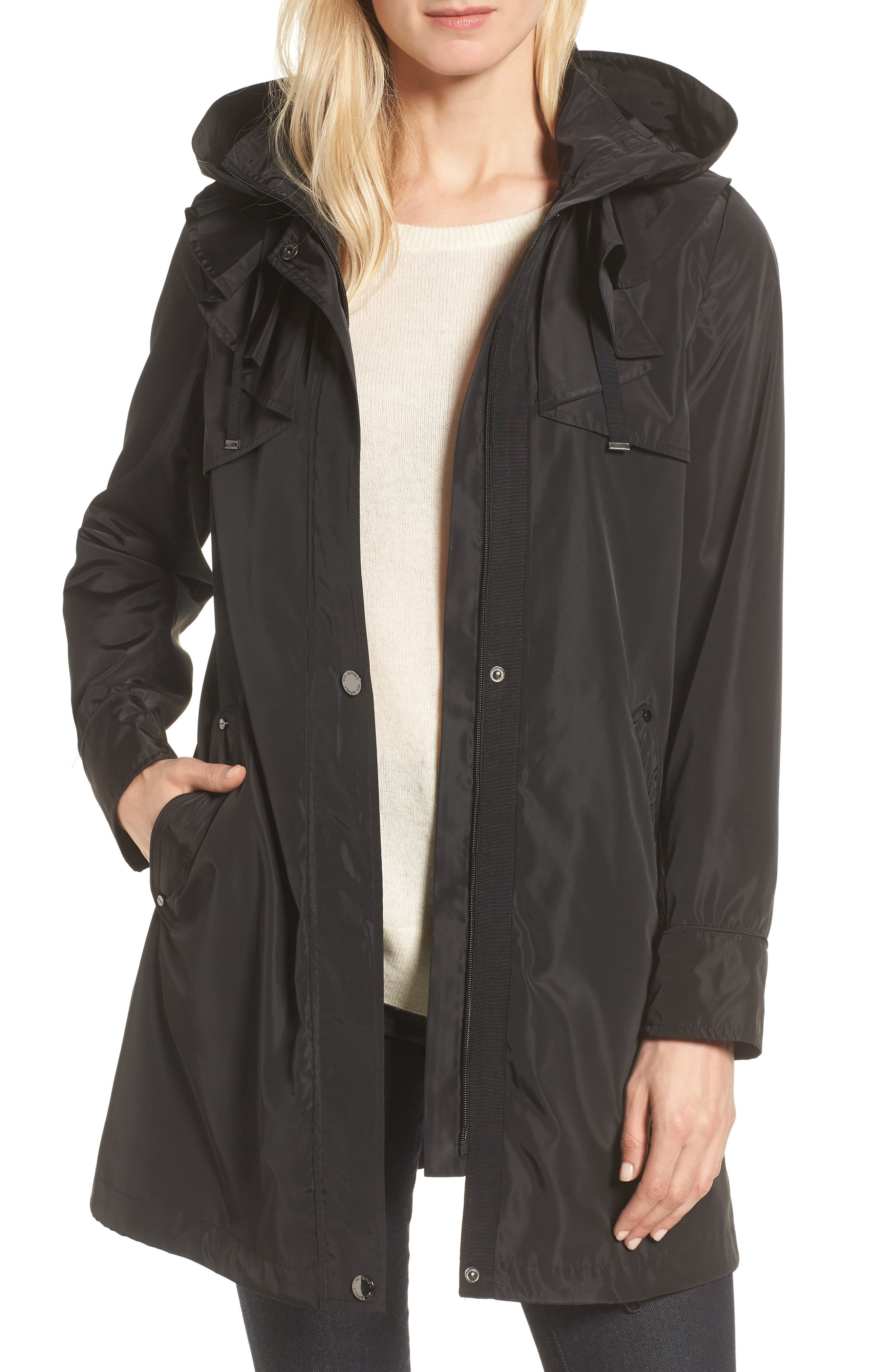 Via Spiga Ruffle Detail Packable Raincoat, Black
