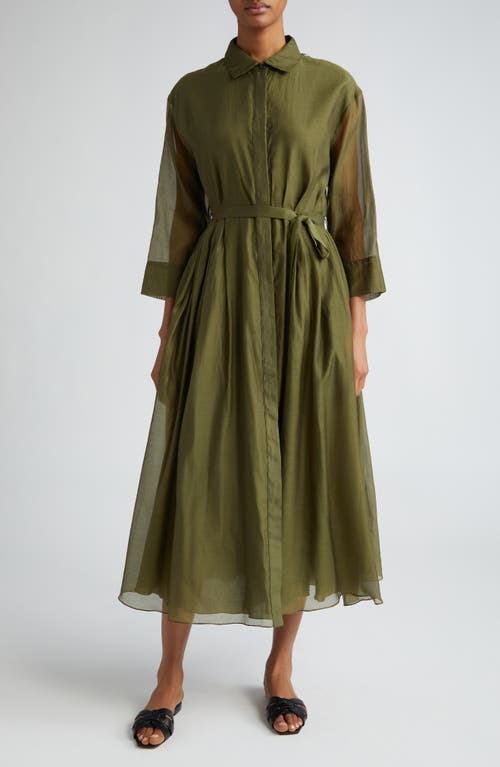 Max Mara Sial Sheer Sleeve Cotton & Silk Voile Shirtdress in Khaki at Nordstrom, Size 0