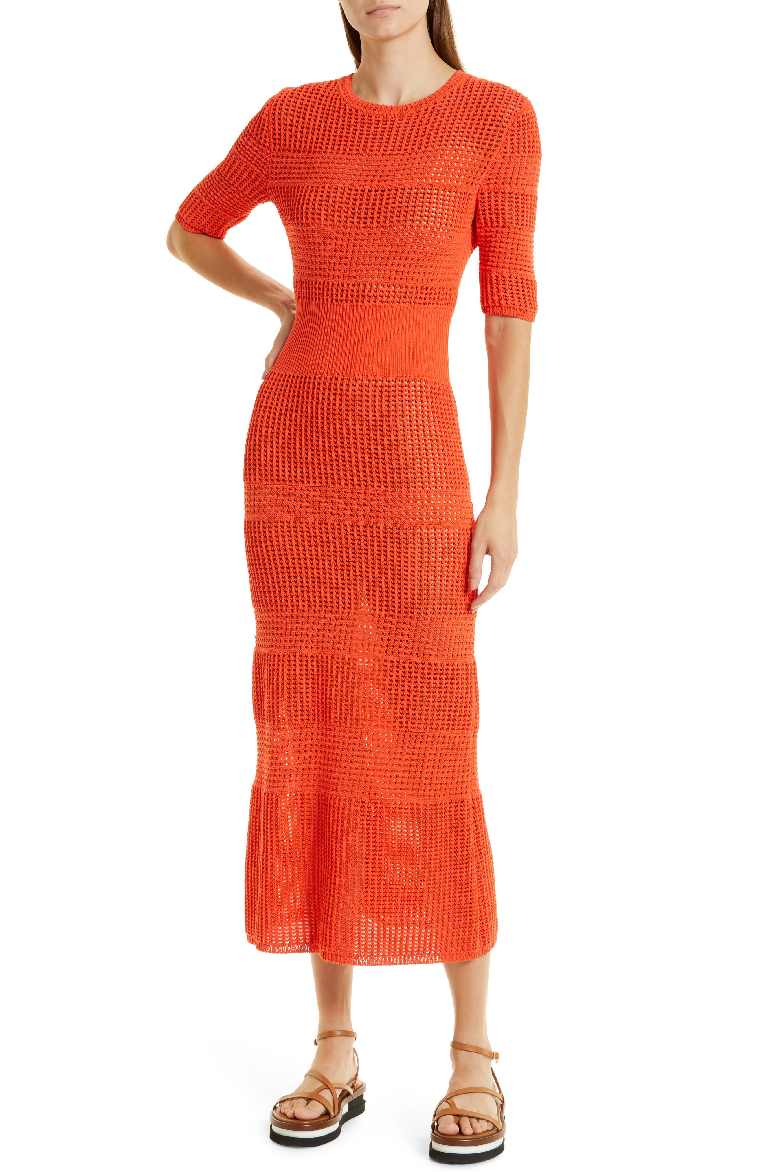 JASON WU Mixed Stitch Crewneck Sweater Dress in Bright Orange