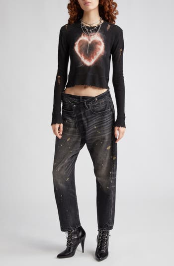 R13 Distressed Flaming Heart Cashmere Crop Sweater Nordstrom