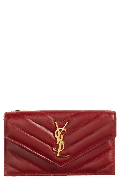 YSL SAINT LAURENT Logo Leather Card Case Wallet--Red/Gold