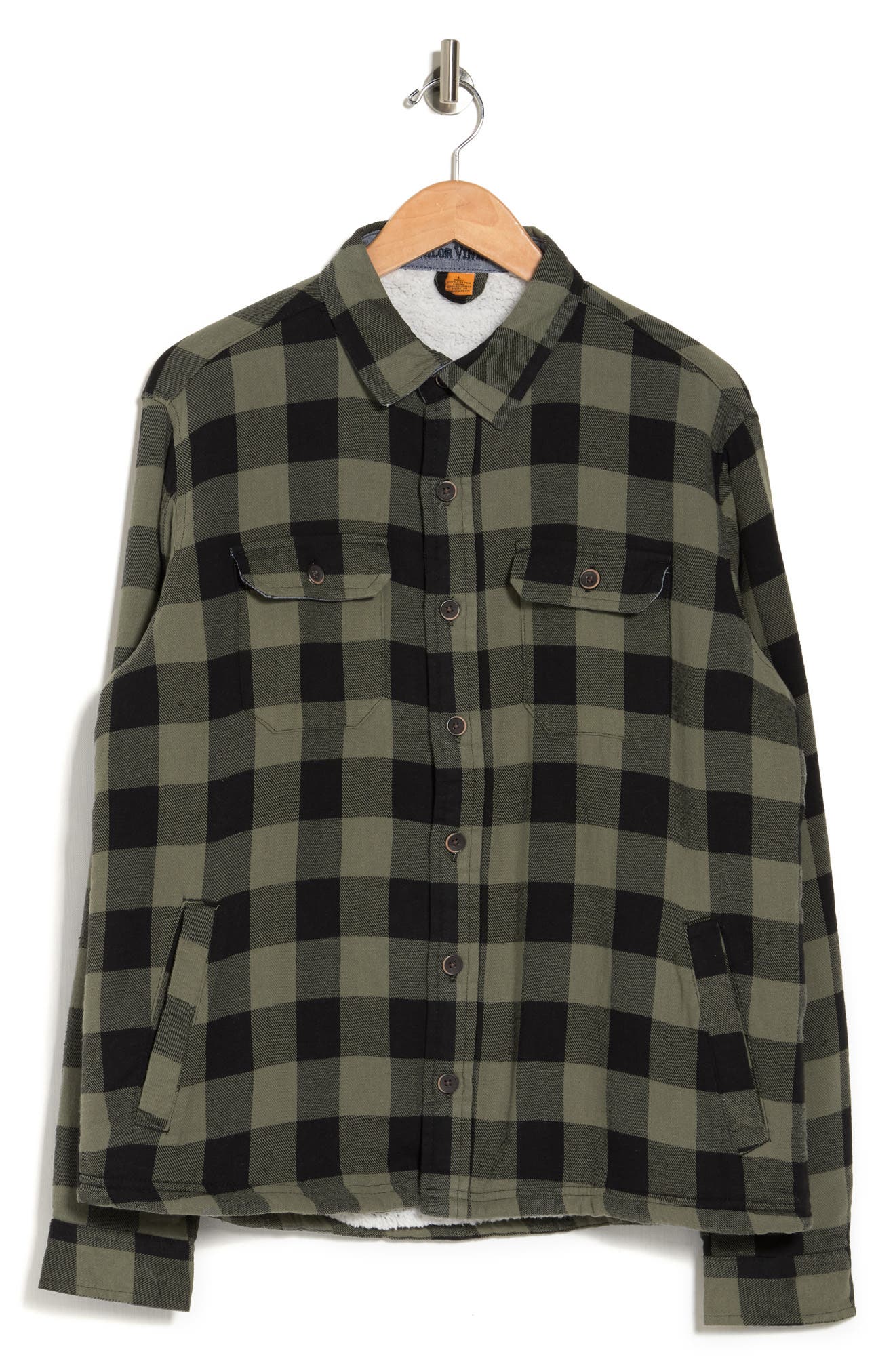 Tailor Vintage Shearling Lined Flannel Shacket In Dusty Olive/ Black