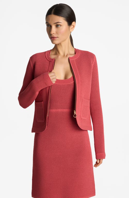 St John Bi-tonal Stretch Mesh Knit Zip-front Jacket In Rose/dark Claret Multi
