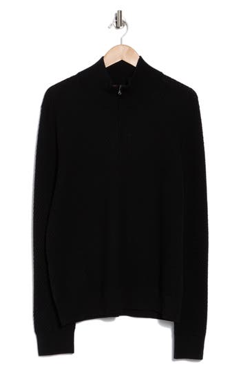 Amicale Textured Merino Wool Quarter Zip Pullover In Black