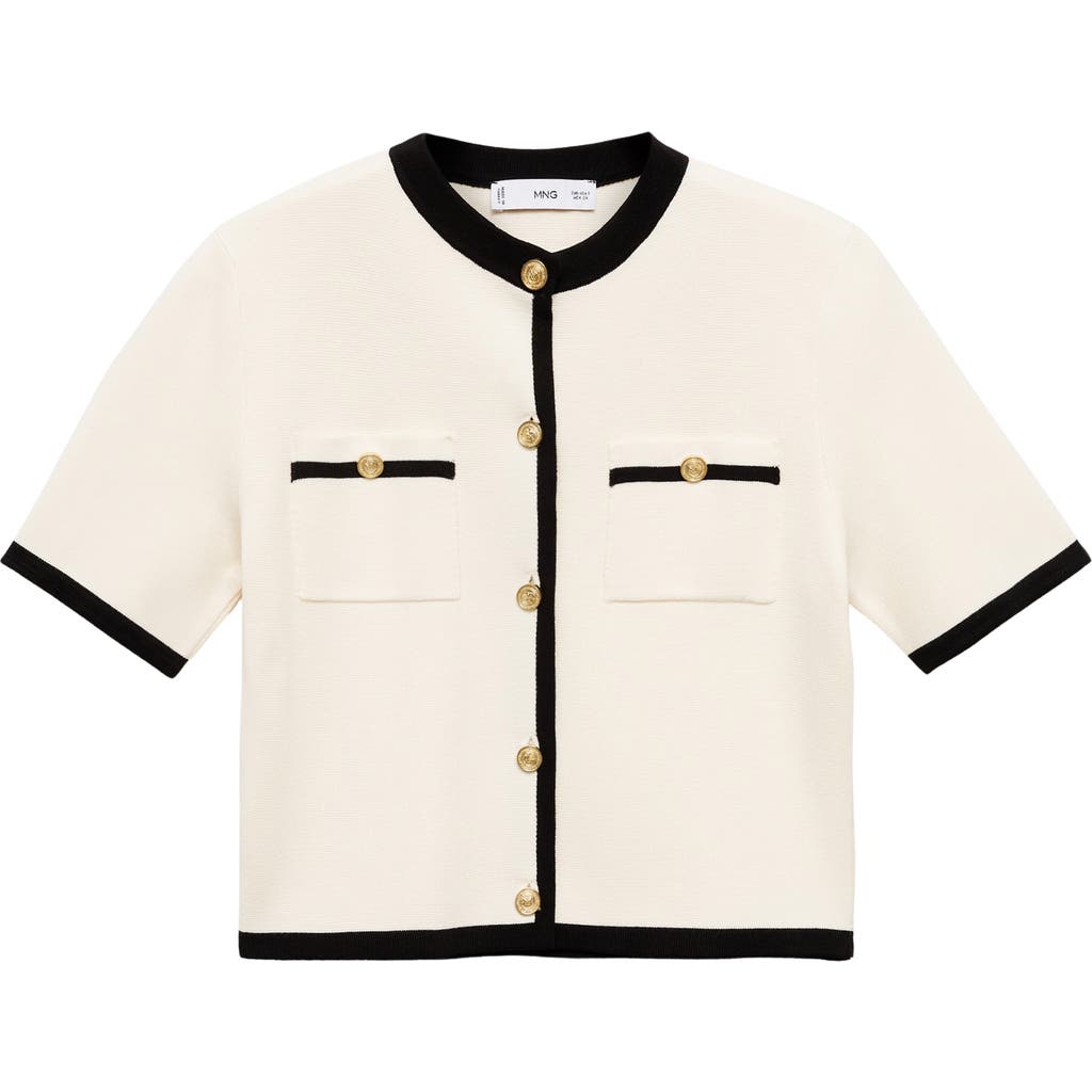 Mango Contrast Trim Short Sleeve Cardigan In Ecru