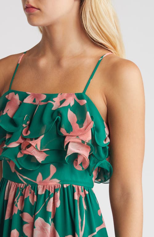 Shop Chelsea28 Printed Tiered Ruffle Chiffon Midi Dress In Green- Pink Opal Blooms