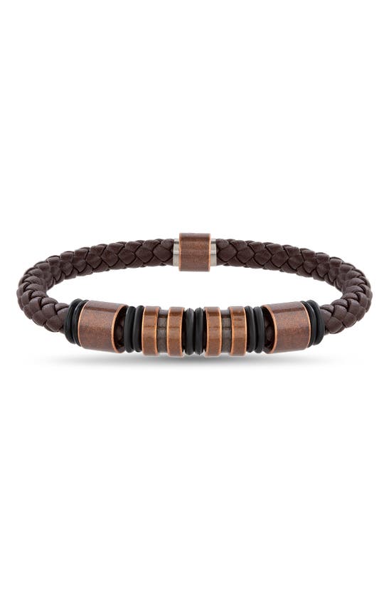 Nautica Stainless Steel Faux Leather Bracelet In Brown