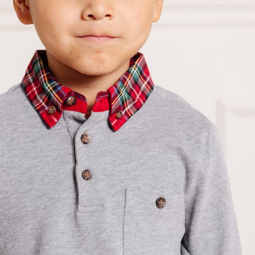 Hope & Henry Boys' Long Sleeve Polo Shirt, Kids In Gray Heather Red Tartan