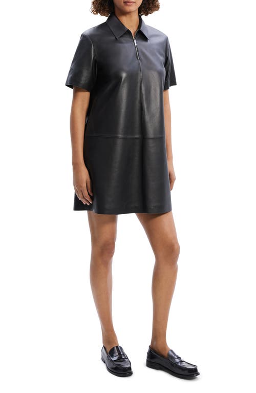 Shop Theory Half Zip Leather Shirtdress In Black