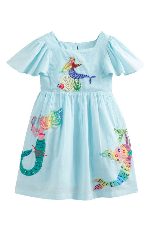 Mini Boden Kids' Mermaid Appliqué Flutter Sleeve Cotton Dress in Iced Aqua Mermaids