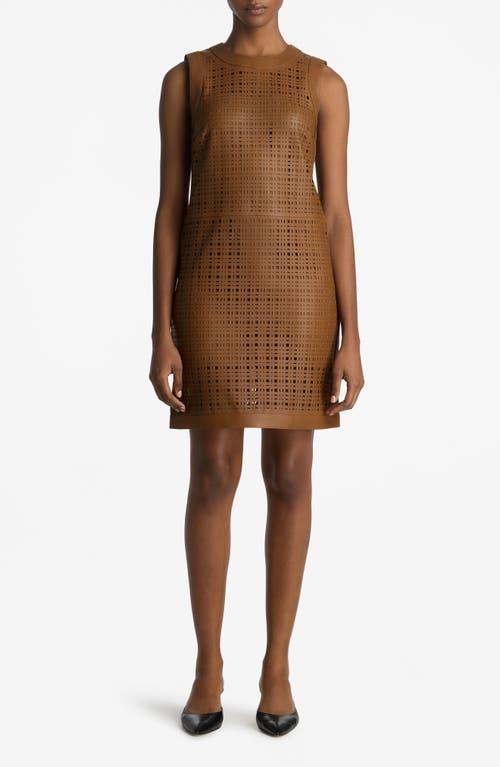 Laser Cut Leather Sheath Dress in Saddle