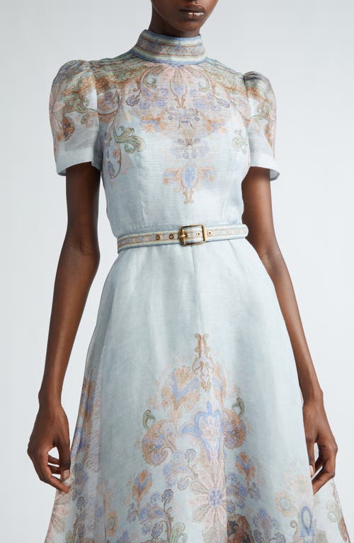 Shop Zimmermann Eden Belted Linen & Silk Midi Dress In Blue Paisley