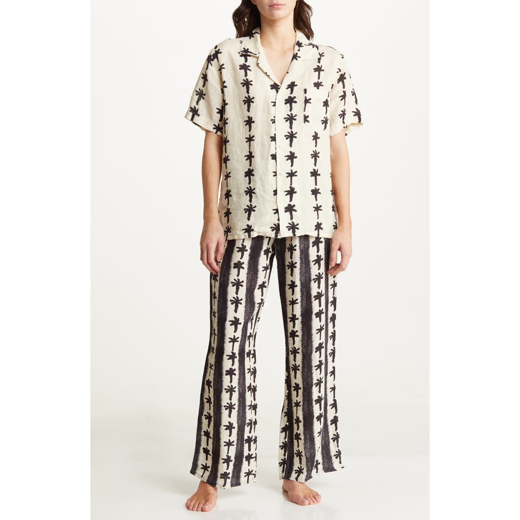 Desmond & Dempsey Palm Stripe Linen Pajamas In Cream/black
