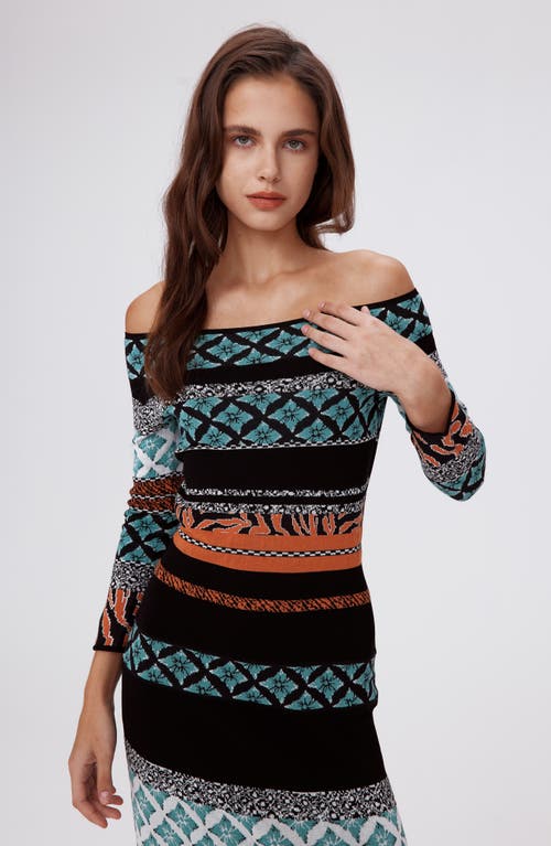 Shop Diane Von Furstenberg Ellanor Off The Shoulder Long Sleeve Dress In Black Multicolor Retro Stripe