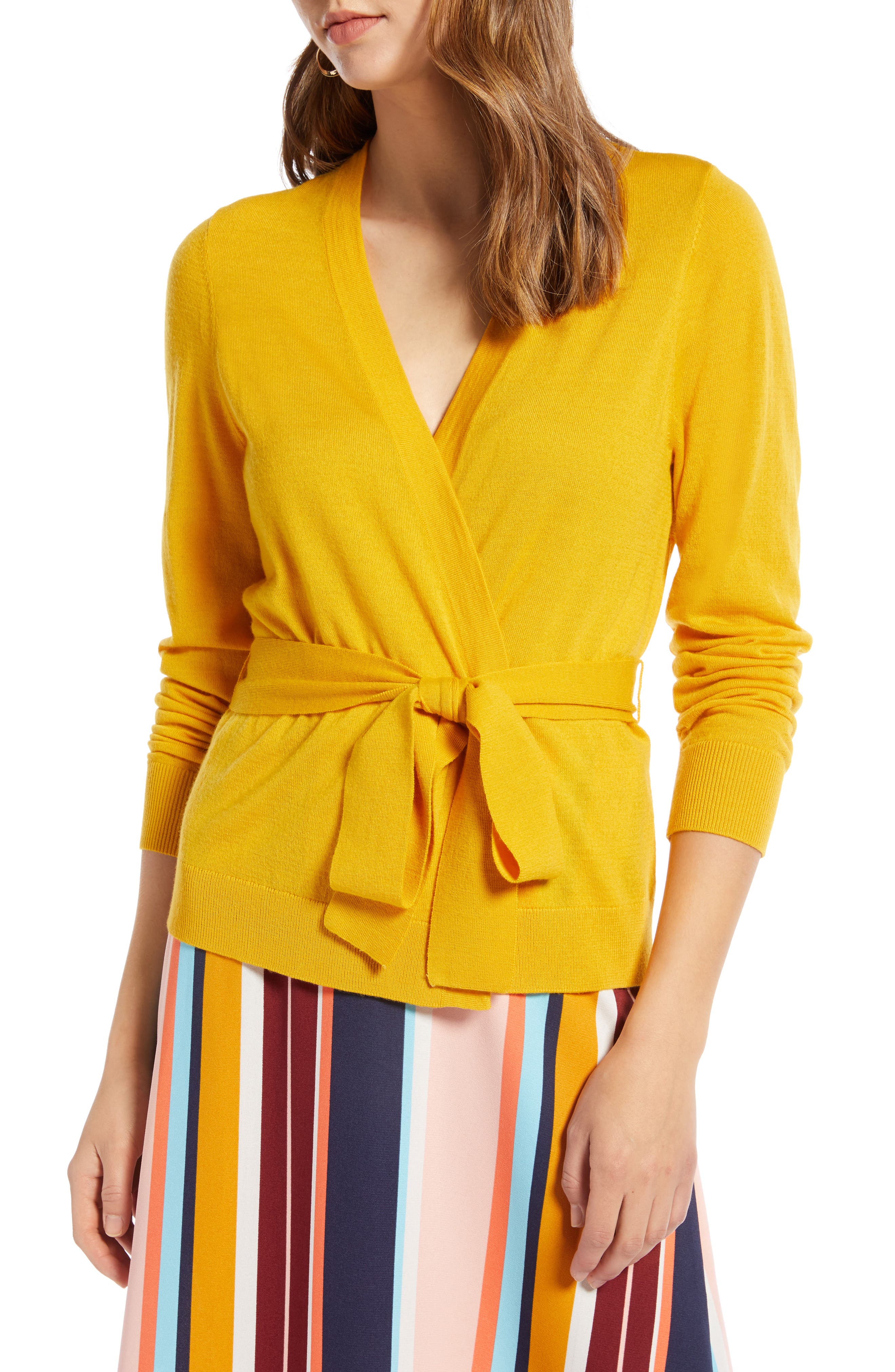 Petite Halogen Tie Waist Cardigan, Yellow