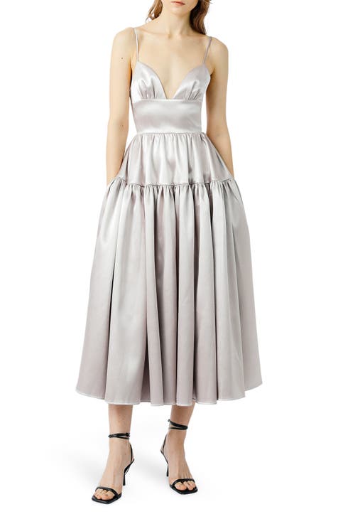 White Satin Dress - Ruffled Midi Dress - Surplice Tulip Dress - Lulus