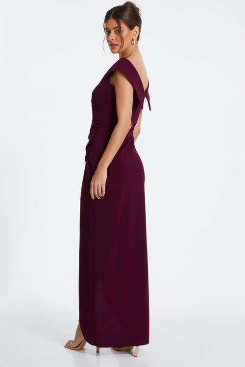 Shop Quiz Scuba Crepe Wrap Bardot Maxi Dress In Plum