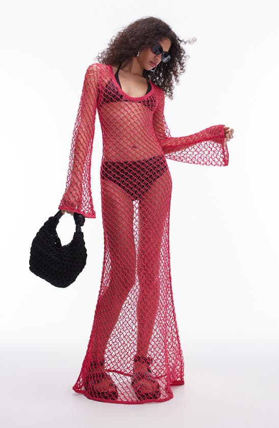 Shop Topshop Long Sleeve Net Maxi Dress In Bright Pink