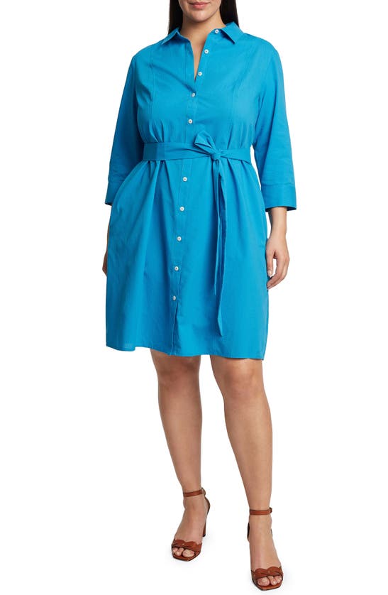 Shop Foxcroft Fiona Belted Seersucker Shirtdress In True Blue