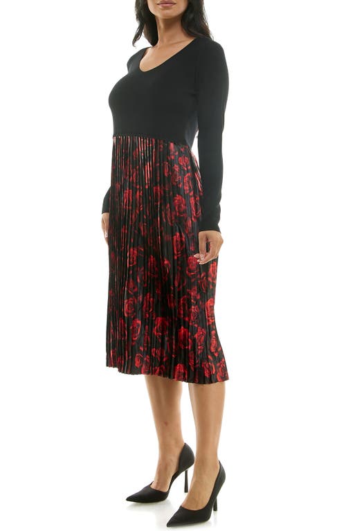 Nina Leonard Long Sleeve Mixed Media Dress In Red Multi