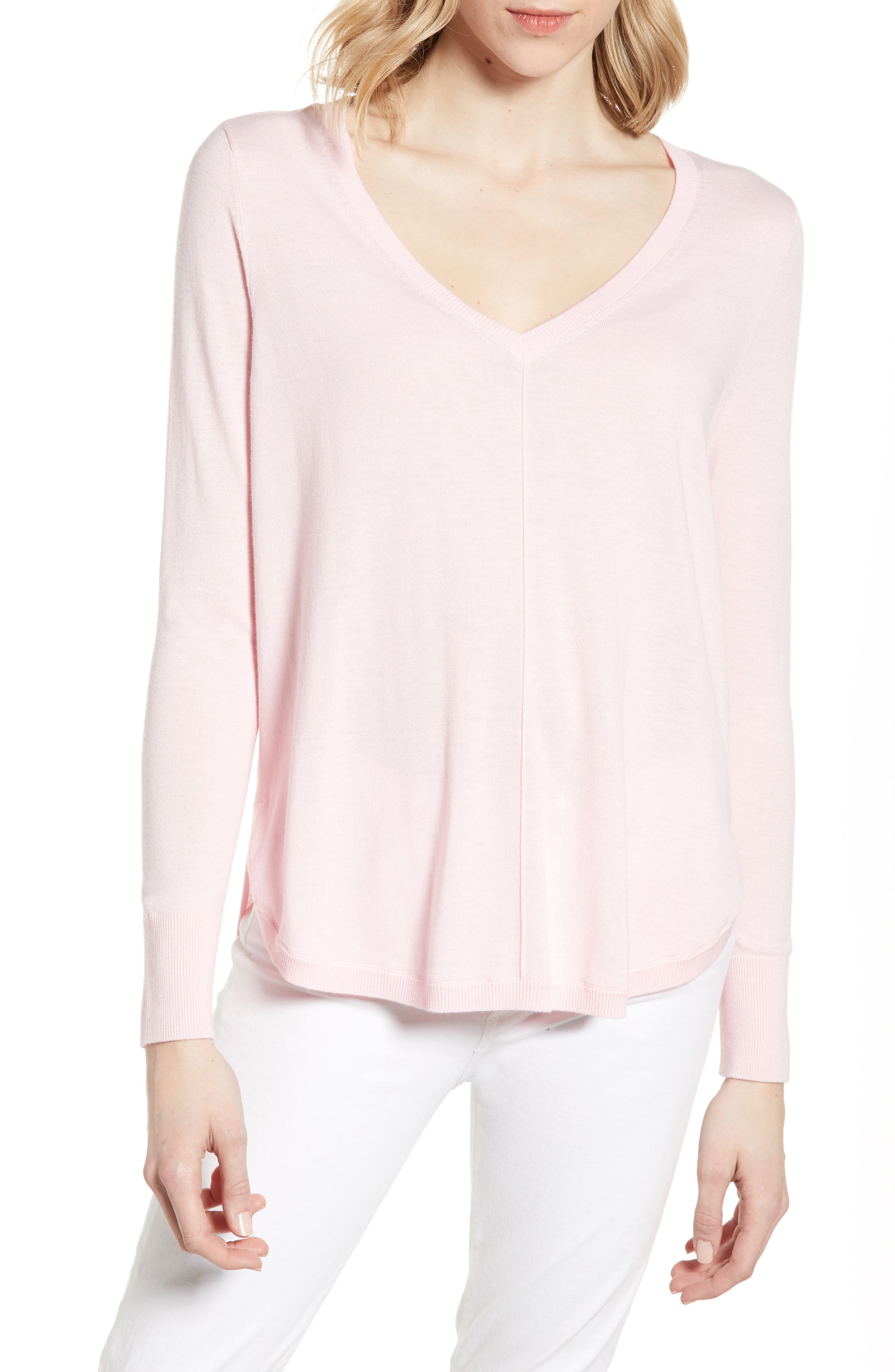 Caslon High-Low V-Neck Sweater, Pink