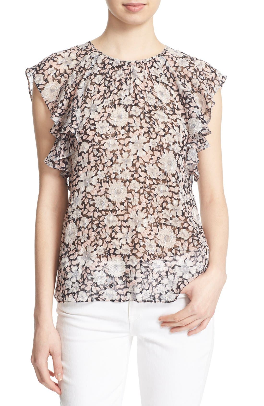 Rebecca Taylor Floral Print Ruffle Sleeve Silk Top Nordstrom