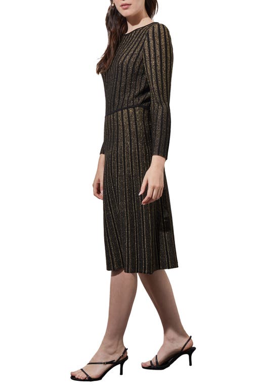 Shop Ming Wang Shimmer Stripe Tie Neck Metallic Sweater Dress In Black/gold