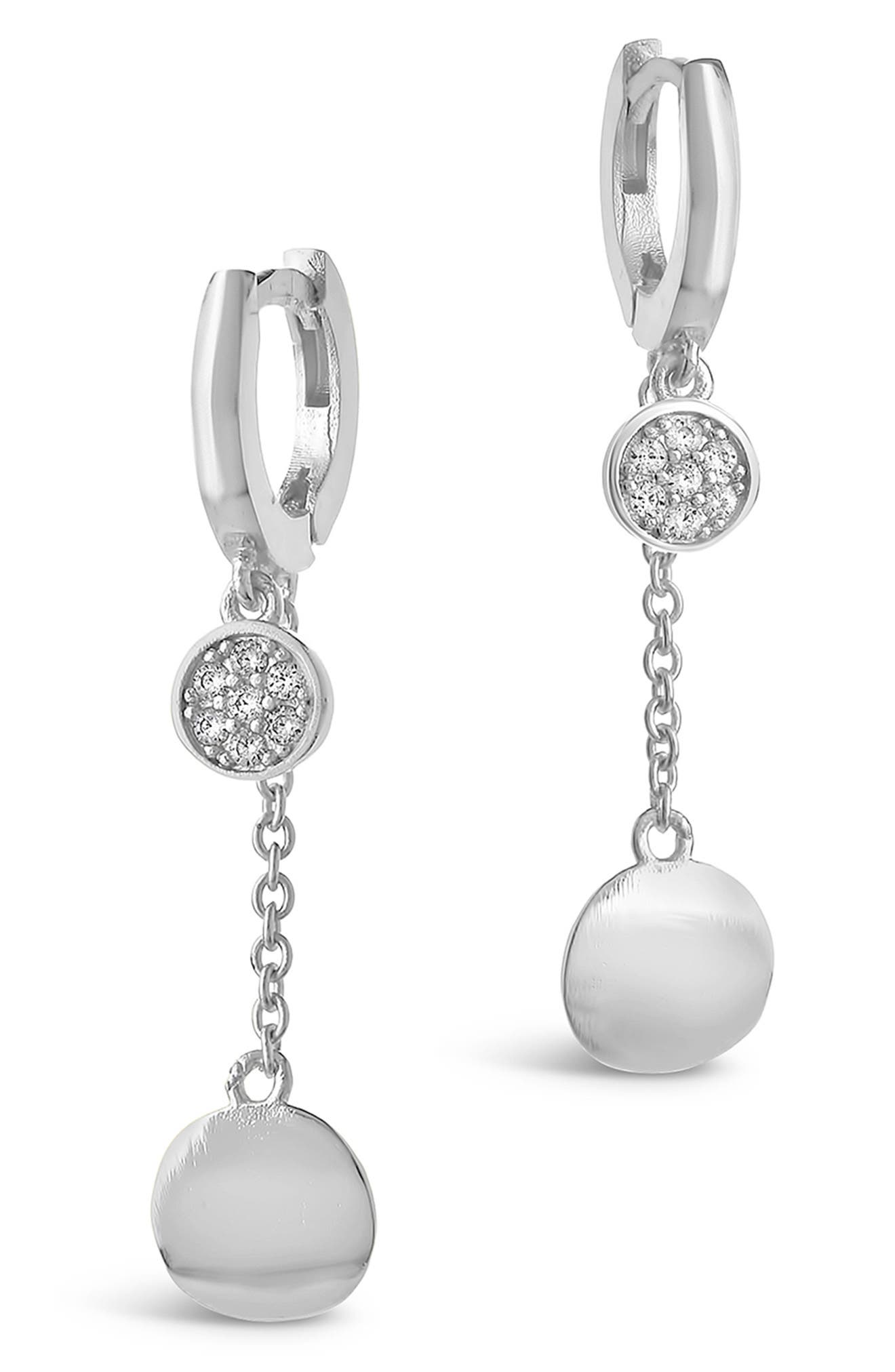 Sterling Forever Rhodium Plated Cz Disc Charm Huggie Drop Earrings In Silver