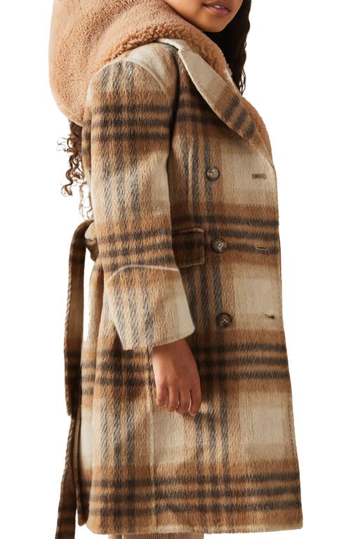 Shop Reiss Kids' Maeve Plaid Belted Wool Blend Coat In Brown