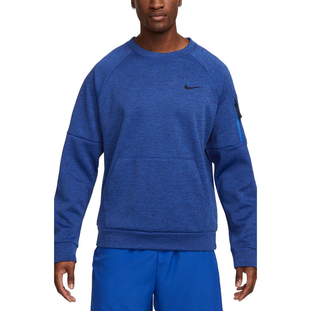 Shop Nike Therma-fit Fitness Crew Neck Life Sweatshirt In Blue/heather/black